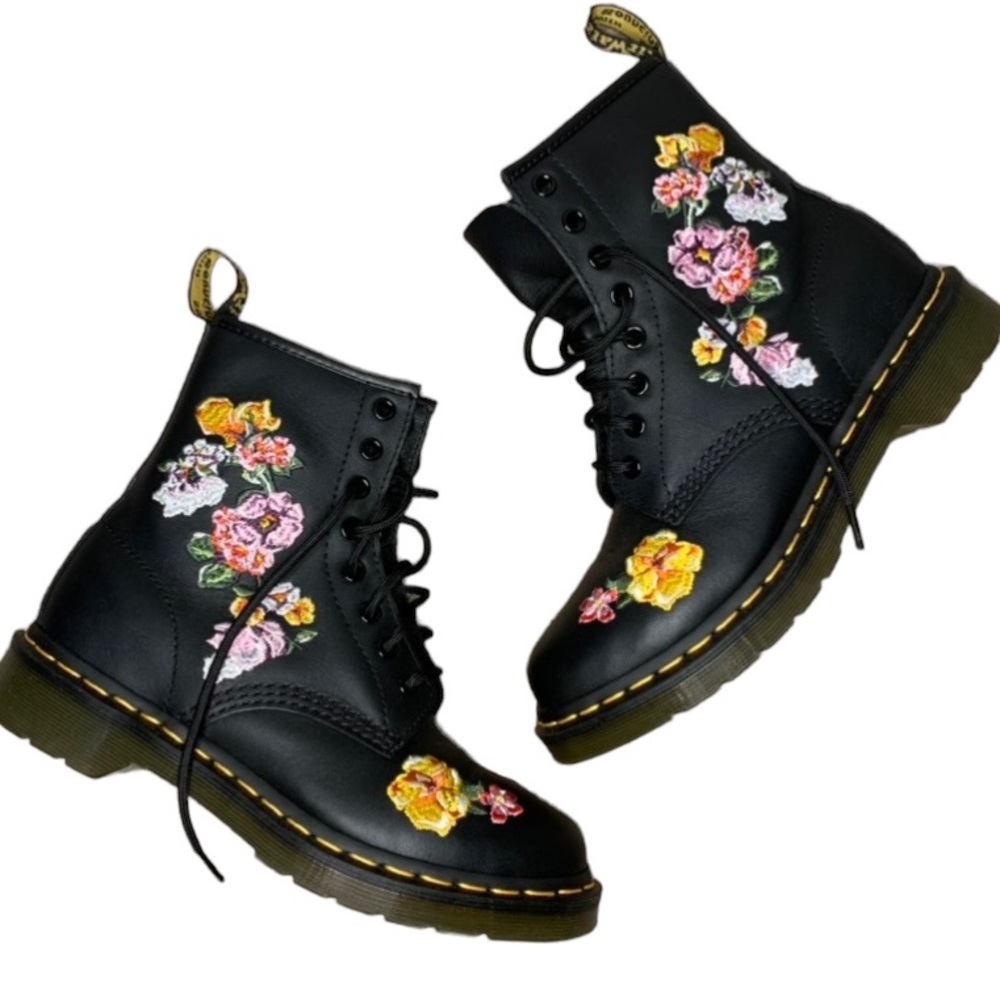 Dr. Martens Black Leather Combat Boots with Floral Embroidery